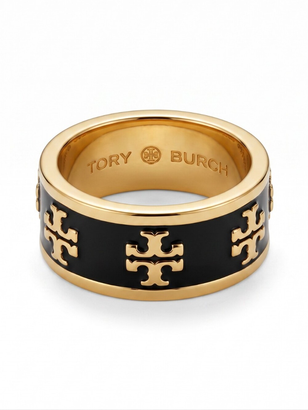 Tory Burch Kira Enamel Black and Gold Double-T Logo Wide Band Ring